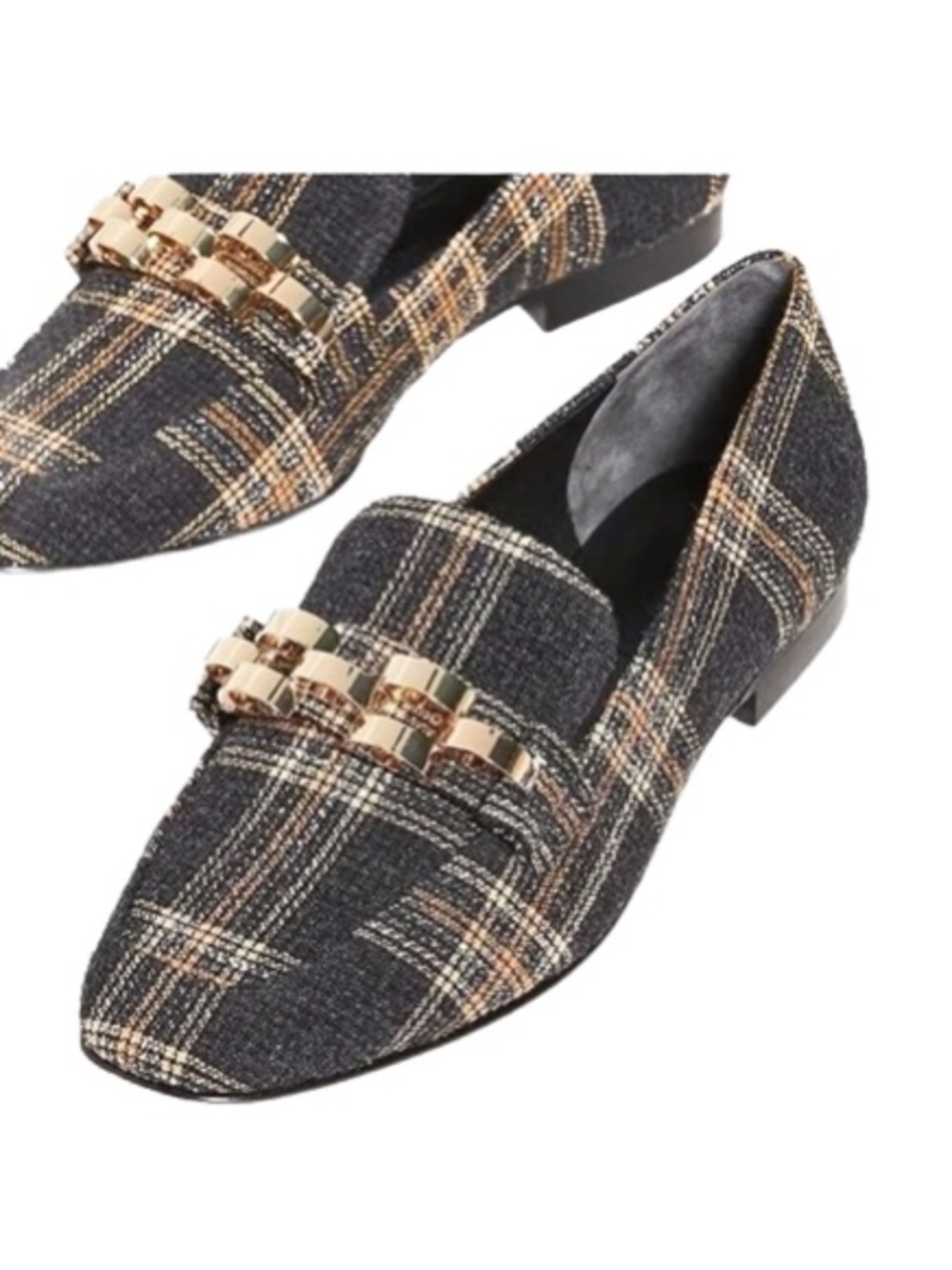 Veronica Beard Alire Plaid Black & Gold Tweed Loafers with Chain Detail Size 6.5
